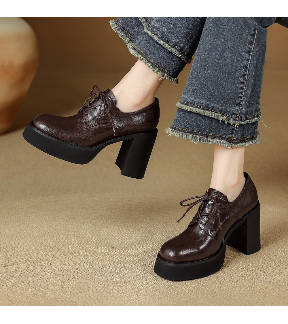Giày cao gót nữ gót vuông 10cm phong cách Anh quốc buộc dây — màu nâu chi tiết 11