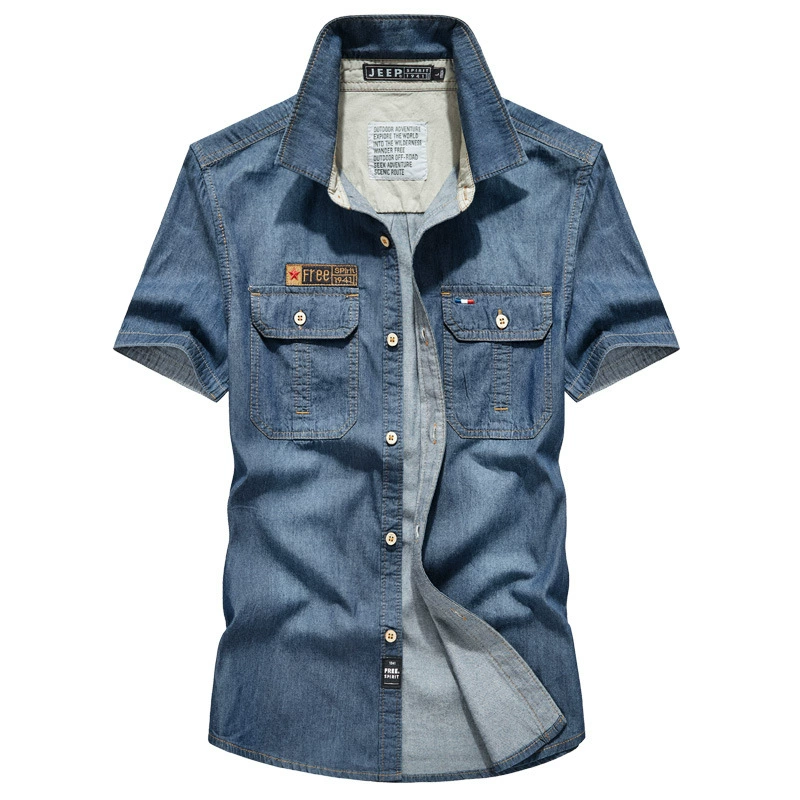JEEP SPIRIT Мужская джинсовая рубашка мужская Повседневная рубашка с короткими Рукавами Летняя тонкая дюймовая рубашка 022