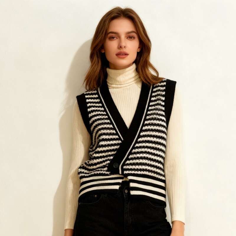 Early Autumn Striped Knit Vest Women's Collar Design Niche Jacket 2025 New Vest Outer Sweater