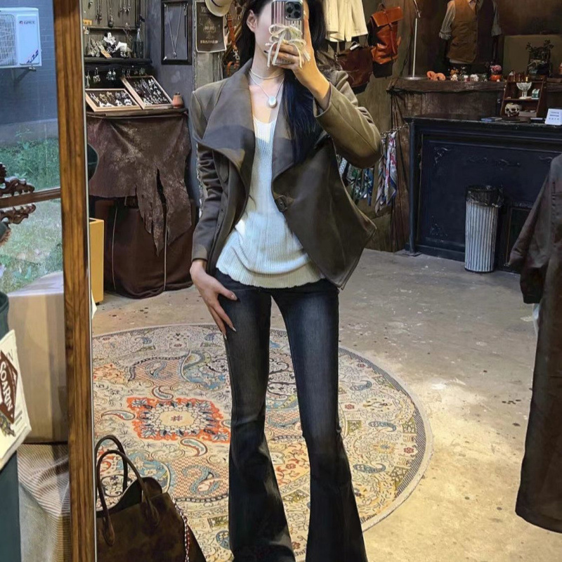 美式复古甜酷辣妹麂皮绒夹克女春秋季新款修身机车大翻领短款外套|undefined