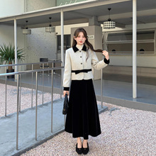 秋上新【流行街】意法小香风名媛气质百搭外套丝绒半身裙两件套女