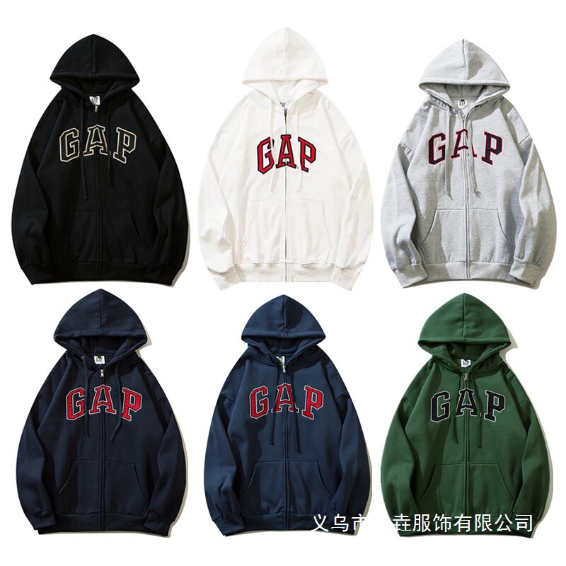 Gap Cross-Border Trendy Brand Letter Embroidery Zip-Up Hooded Sweatshirt with Fleece Casual Loose Fit Couple's Men's Style Wholesale