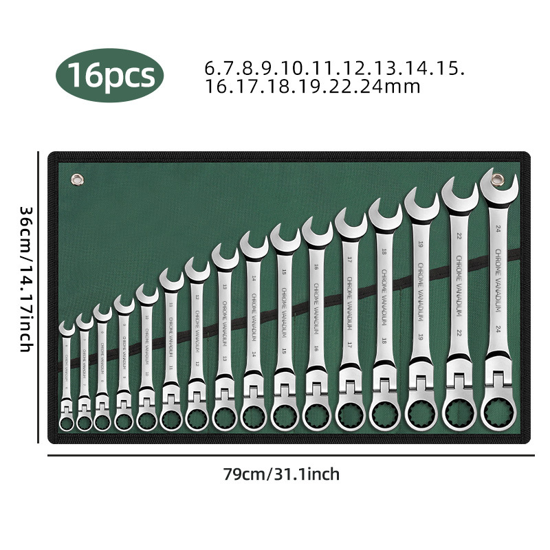 Ratchet wrench set with swivel head, 72-tooth quick dual-use open-end wrench, 6-15pcs cloth bag set, complete tool set