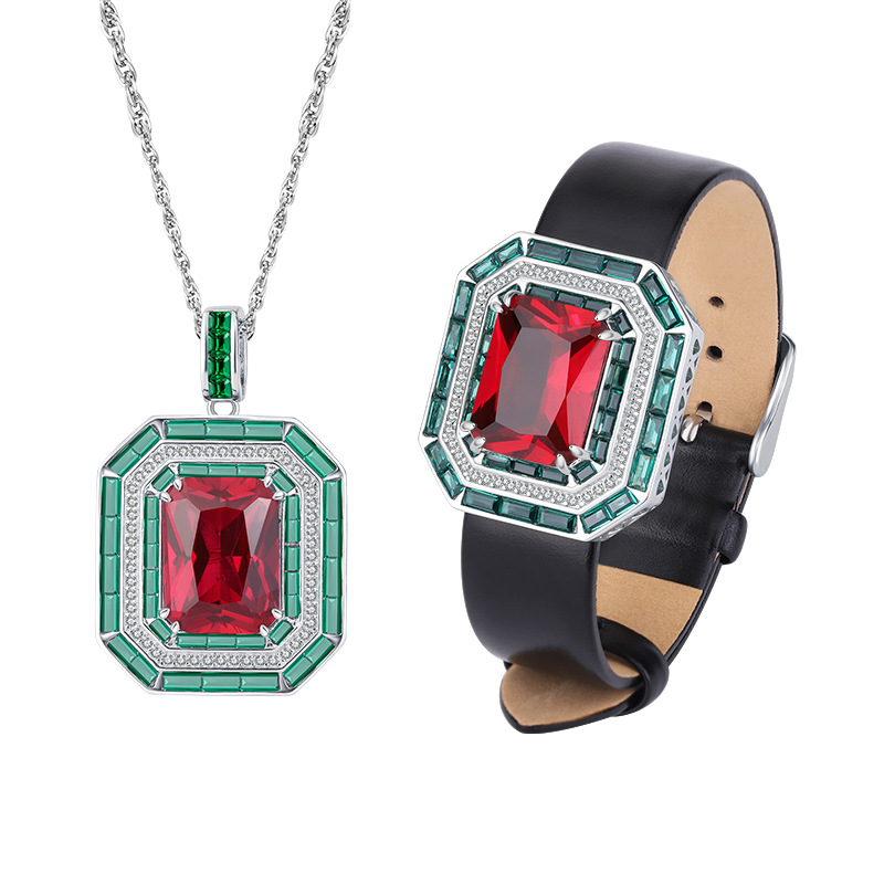 Zhuang Sheng joyería nueva S925 todo el cuerpo plata TikTok Venta caliente simulación rojo corindón cuadrado marca de joyería de lujo