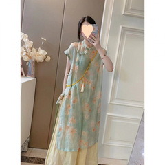 クールな風のバックル斜め前立てレディースミドル丈ドレス夏の文学茶服サイドスリットスタイルツーピースセット