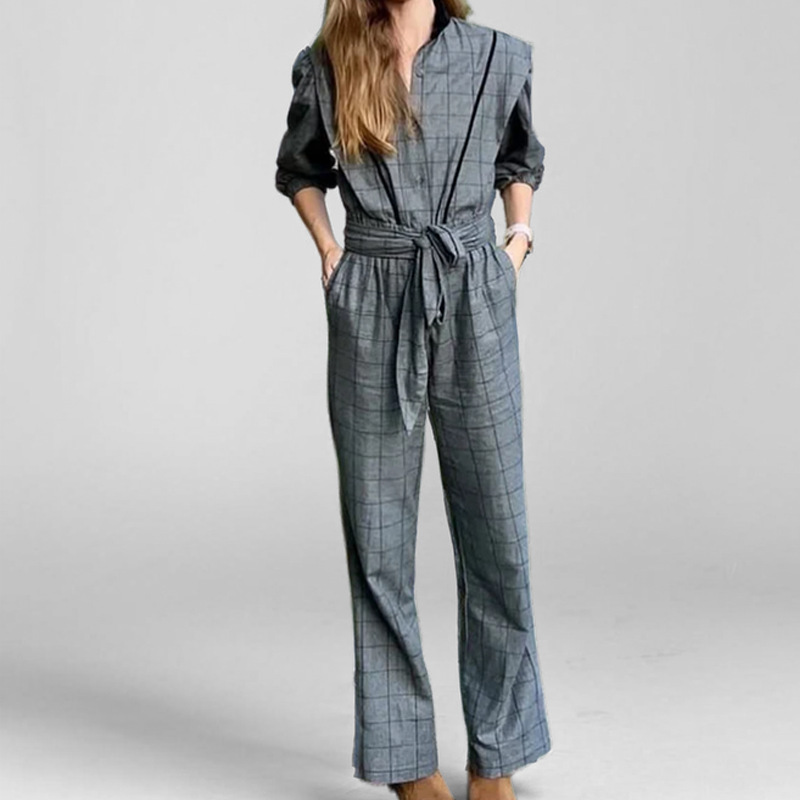 AliExpress 2025 primavera transfronteriza nueva ropa de mujer europea y americana a cuadros temperamento retro moda con cordones pantalones de una pieza mujeres
