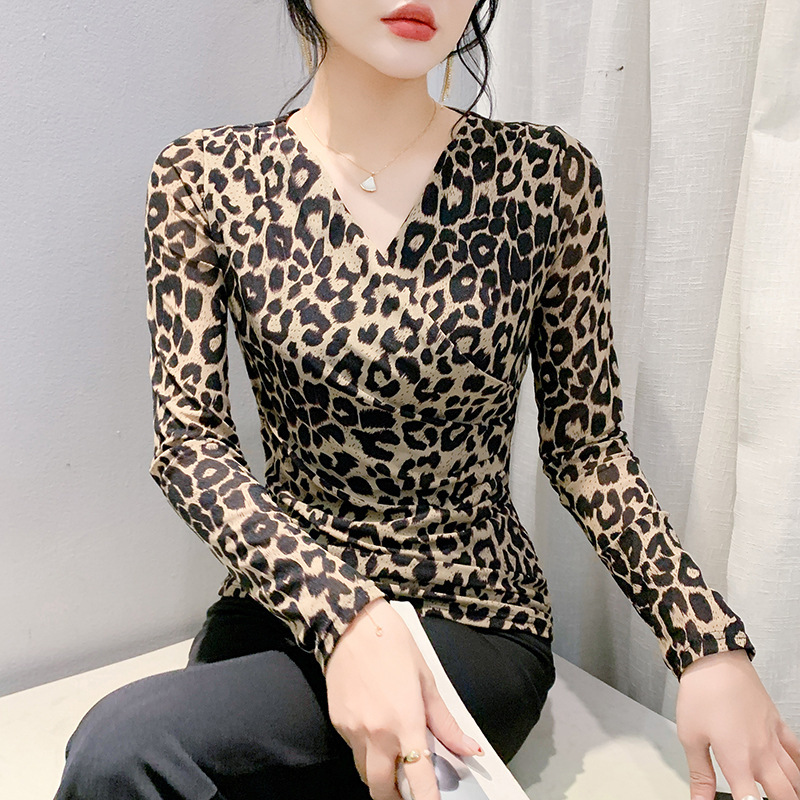 Spring and Autumn 2024 New European Fashionable V-Neck Mesh Long-Sleeved T-Shirt Slim-Fit Slimming Leopard Print Top for Women