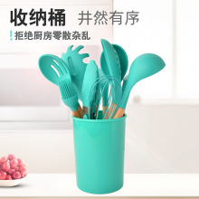 硅胶勺铲套装食物夹打蛋器厨房工具 木柄硅胶厨具12件套收纳桶装