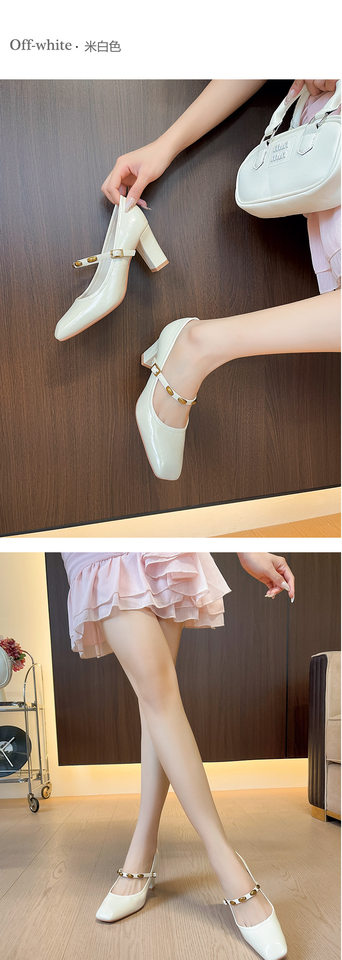 Giày cao gót nữ mũi vuông gót dày quai ngang thanh lịch đi làm, gót 6–8 cm — Màu trắng nhạt, rượu vang đỏ, đen chi tiết 6