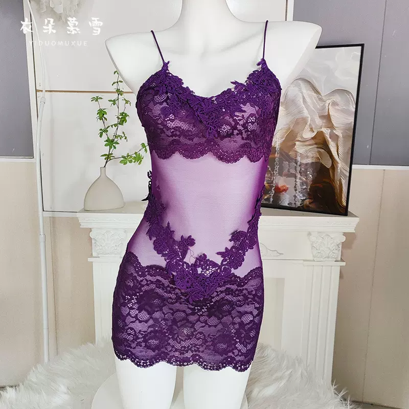 衣朵慕雪情趣内衣蕾丝网纱拼接睡裙纯欲诱惑套装透视睡衣刺绣1322