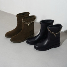 25秋冬无标新款小香一脚蹬链条靴女真皮短靴时尚百搭粗跟骑士靴潮