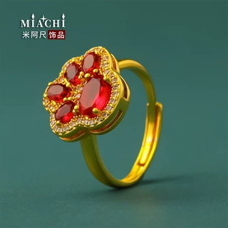 红色闪钻猫爪戒指古法沙金甜酷国潮萌系指环高级时尚百搭开口指戒