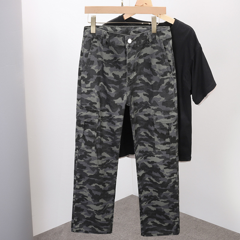 Men's Camouflage Wide Leg Pants Street Style Hip Hop Loose Fit Straight Leg Slightly Flared Cargo Jeans Trendy Brand Blue mid Waist_mkmklike.com