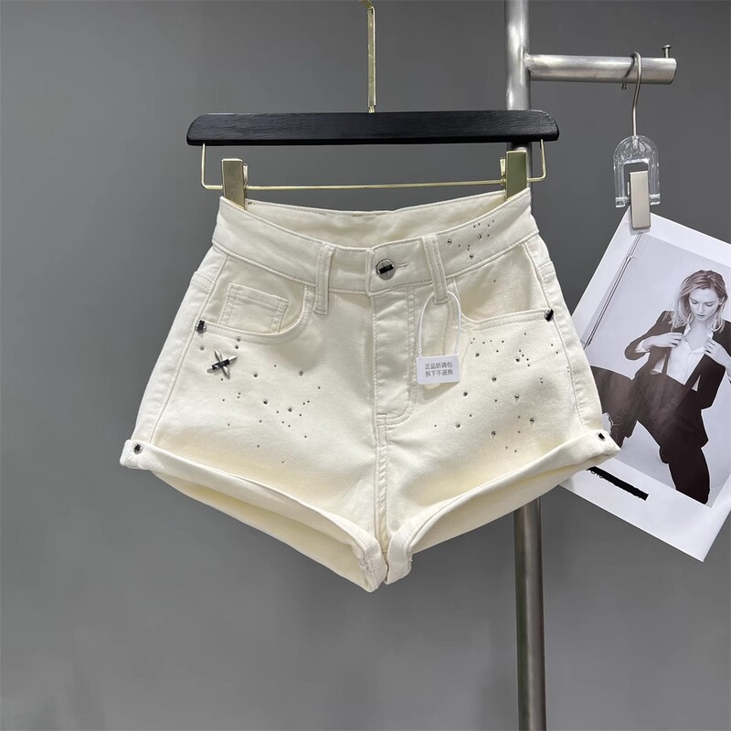 Fashionable Women's Clothing Western Style Hot Drilling Hot Girl Style Curled Denim Shorts Summer Korean Style Low Waist Wide Leg Pants A- line Hot Pants