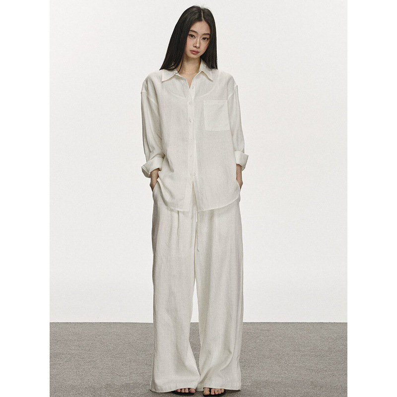 Anna Aneae Linen Shirt Suit for Women White Spring & Fall Casual Loose Retro Versatile Lazy Style # 4669Y Anna Aneae Linen Shirt Suit for Women White Spring & Fall Casual Loose Retro Versatile Lazy Style # 4669Y