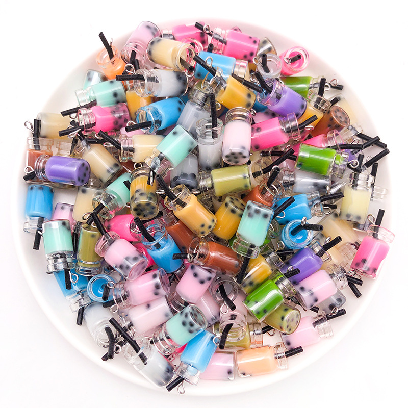 Mezcla 10 helado taza de jugo de leche taza de té botella de vidrio colgante 10x24mm DIY bolsa llavero Accesorios