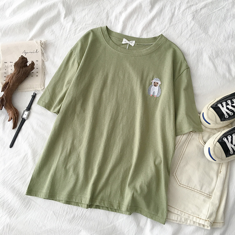 Nuova maglietta sudcoreana a maniche corte da studente con ricamo a forma di animale della Corea del Sud, girocollo, abiti estivi, vestibilità ampia, per donna_voghion.com