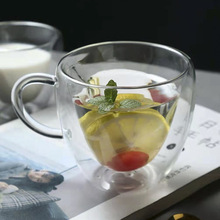 创意心形双层玻璃杯 家用水杯咖啡杯 早餐牛奶杯玻璃双层杯把手杯