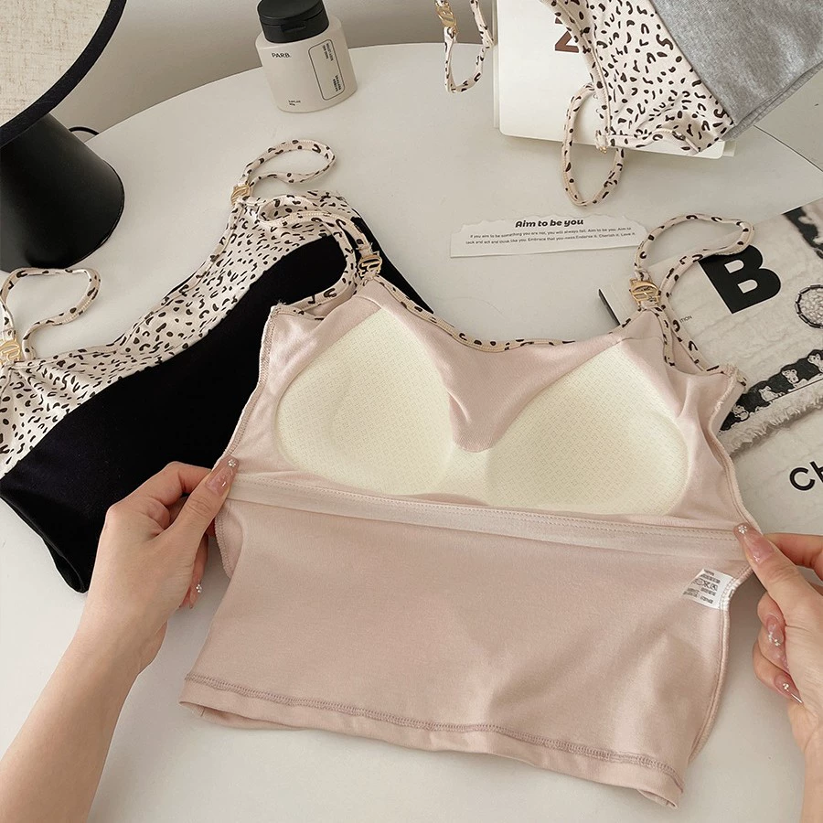Хлопковый топ с вышивкой контрастного цвета леопардовый принт camisole для женщин с вкладышами в груди, модныйниже в топе