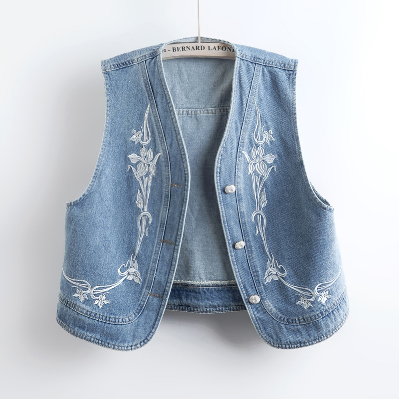 Spring and Summer 2025 New Arrival Embroidered Flower Denim Vest Women's Loose Sleeveless Vest Jacket Waistcoat Trendy