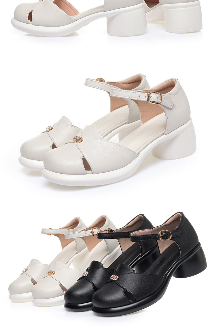 Sandal cao gót nữ quai ngang da bò thật, gót vuông ổn định, đế dày phong cách La Mã — Đen【Da bò lớp đầu】 chi tiết 18