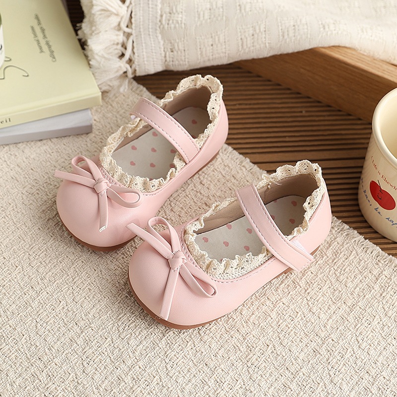 Girls Lace Trimmed Bow Leather Shoes Soft Soled Mary Jane Princess Style New Spring Autumn Versatile Kids Footwear_voghion.com
