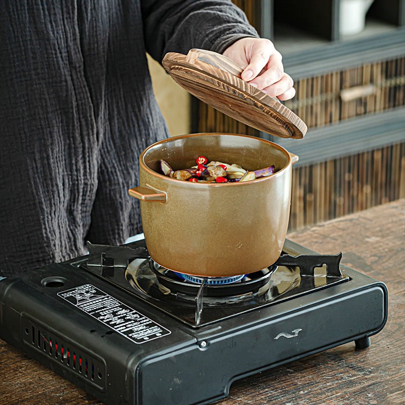 Jiutian-style Japanese Double-eared Wooden Lid Small Soup Pot Ceramic Household Small Casserole Hotel Restaurant Charcoal Hot Pottant Noodle Bowl