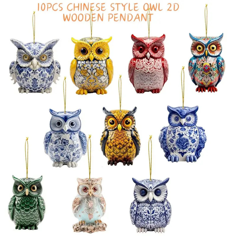 Cross-Border New Blue and White Color Printed Owl Wooden Holiday Decoration Exquisite Art Vibrant Party Christmas Tree Hanging