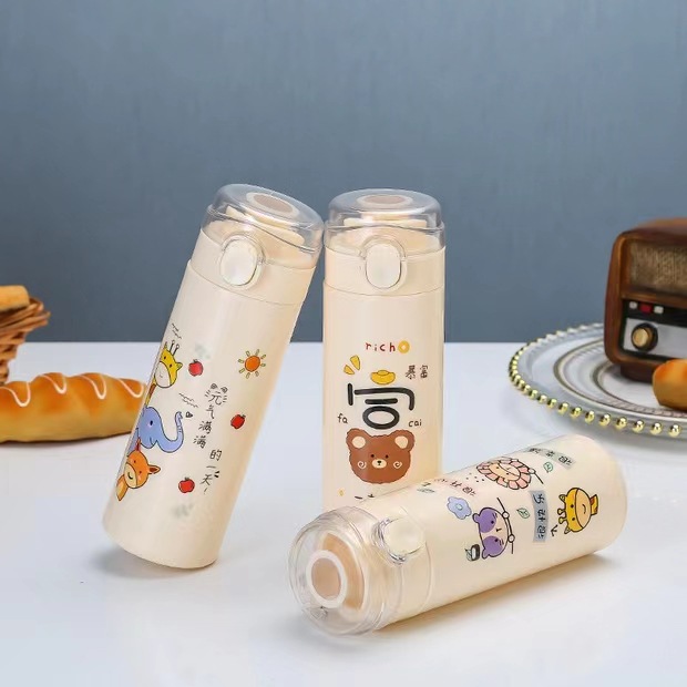 Fashion Double Layer Glass Cup Cartoon Water Cup Pea Portable Transparent Spring Cover Cup Creative Children Student Portable Water Cup