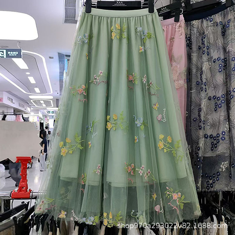 Heavy Embroidered Mesh Skirt plus size Women's 2025 Spring and Summer New High Waist Mid-length Floral Fairy Skirt overskirt