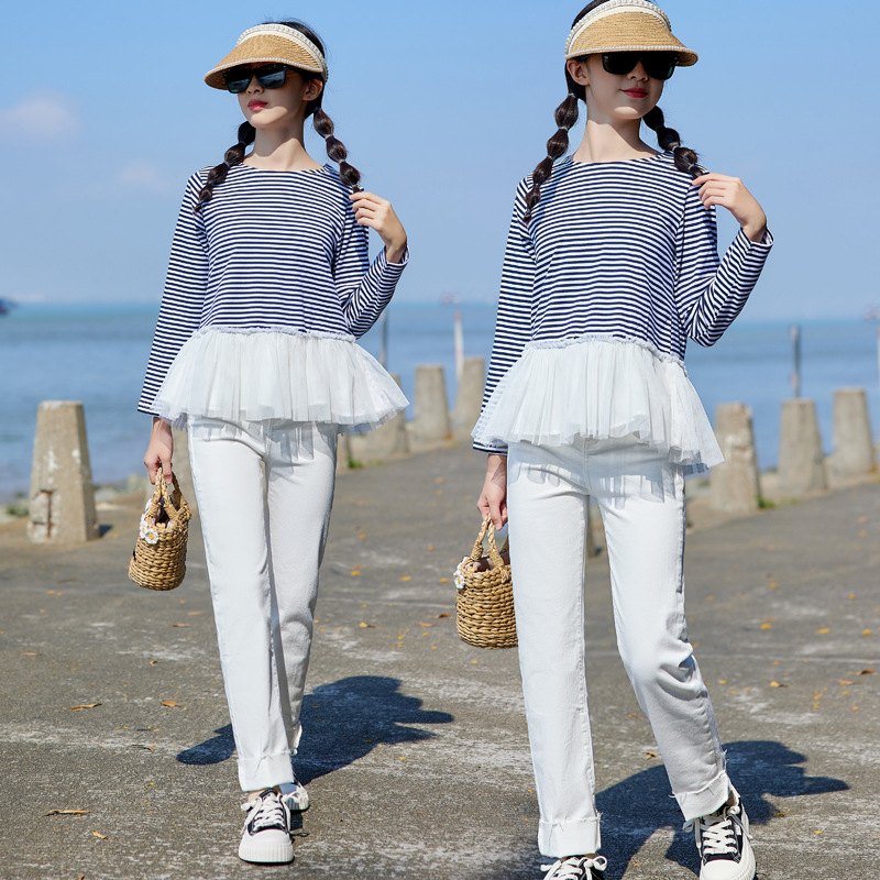 Camiseta de manga larga para niños 2024 primavera ropa de primavera mediano y grande de los niños camisa de fondo de rayas cuello redondo de malla de costura Jersey superior