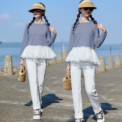 女童長袖T恤兒童2024春裝中大童條紋打底衫圓領拼接網紗套頭上衣