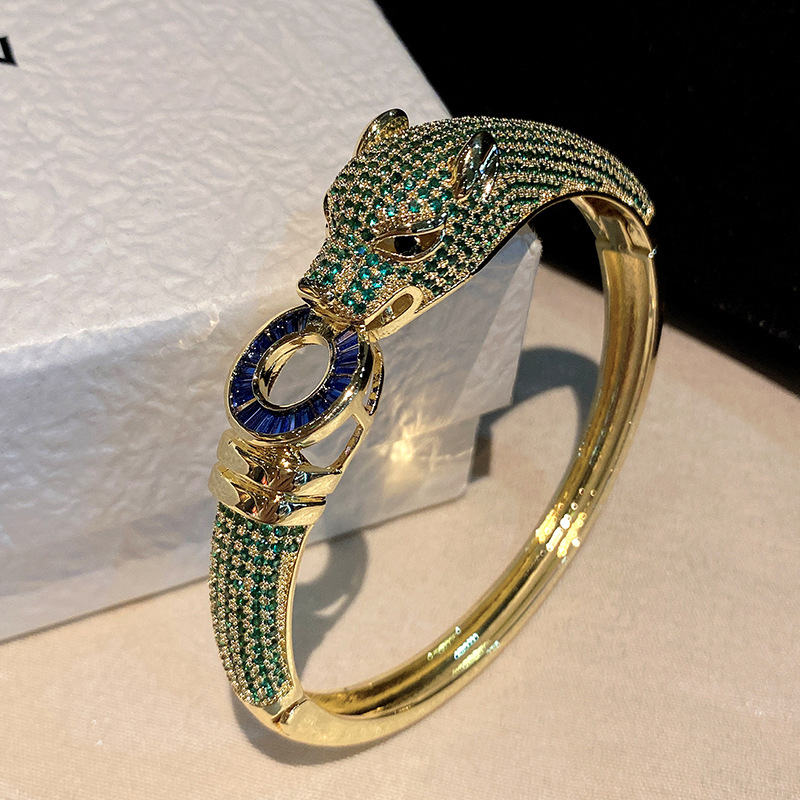 クロスボーダー新作ヒョウ柄18Kゴールドフルダイヤモンドジルコンカジアブレスレット女性用Amazon人気レトロファッションメッキ