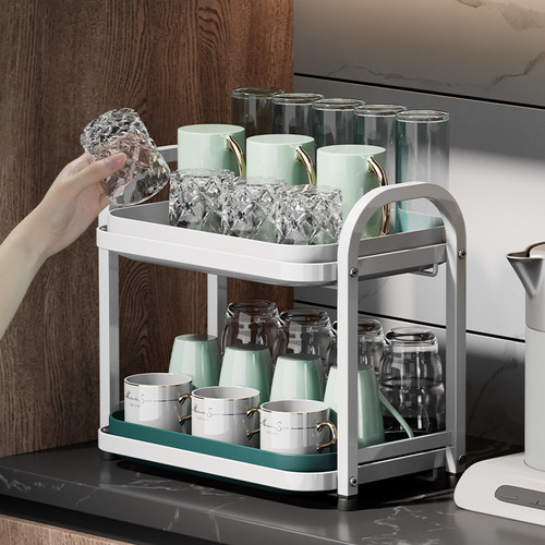 Multifunctional living room drain cup holder, desktop dustproof storage rack, double-layer cup drying shelf, water receiving tray, tea cup holder