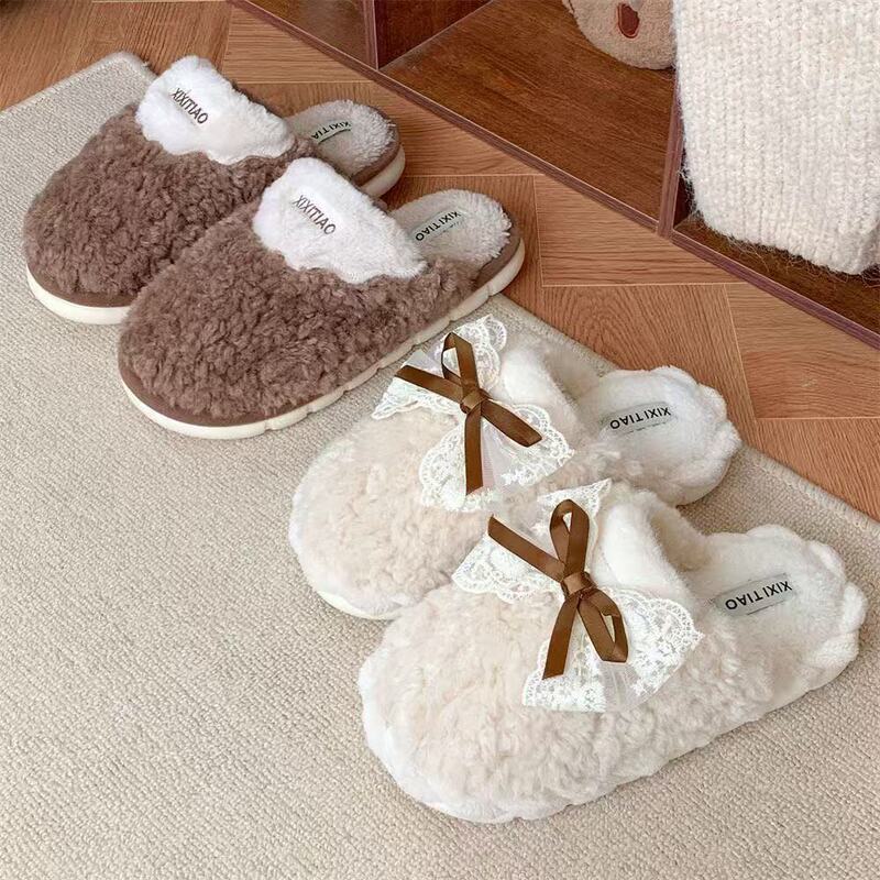 Warm Thick-Soled Versatile Non-Slip Slippers for Women, Cotton Slippers for Women, Home Slippers with Bow, Family Winter Casual Slippers for Students