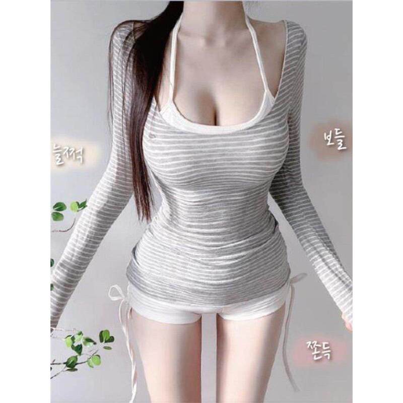 In Stock~51Studio Self-Made Sexy Slim-Fit Waist-Cinching Long-Sleeve Low-Cut T-Shirt for Women, Slightly Sheer Striped Base Top
