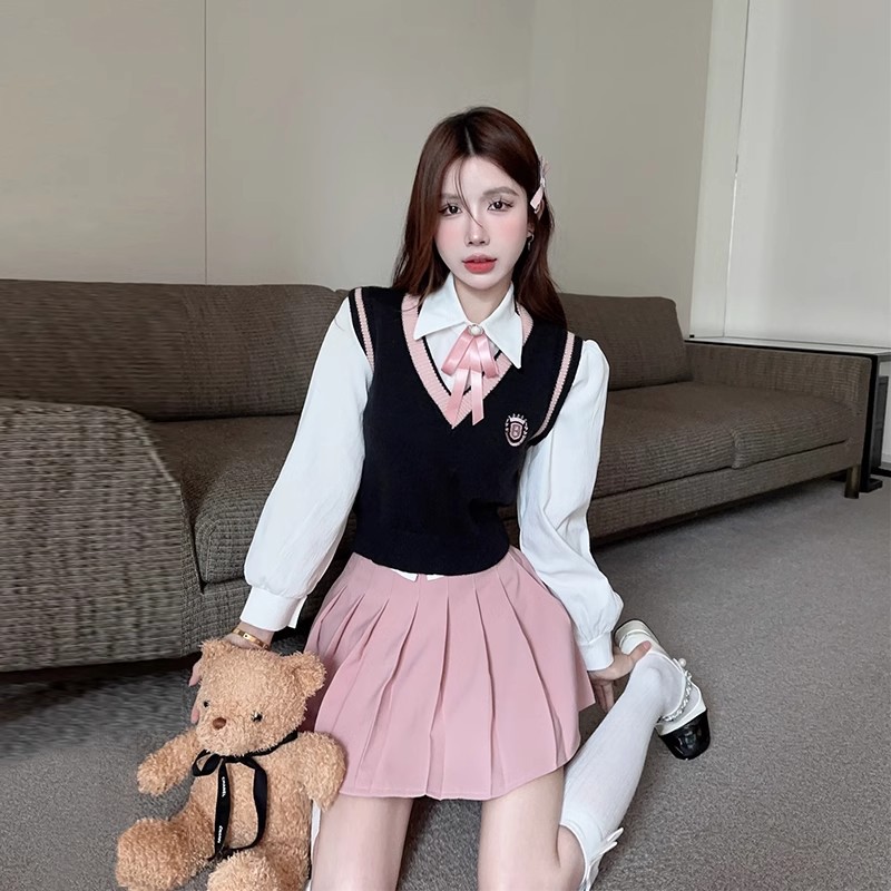 가을 겨울 미국 대학 스타일 JK 유니폼 정장 블라우스 + 니트 조끼와 주름 스커트