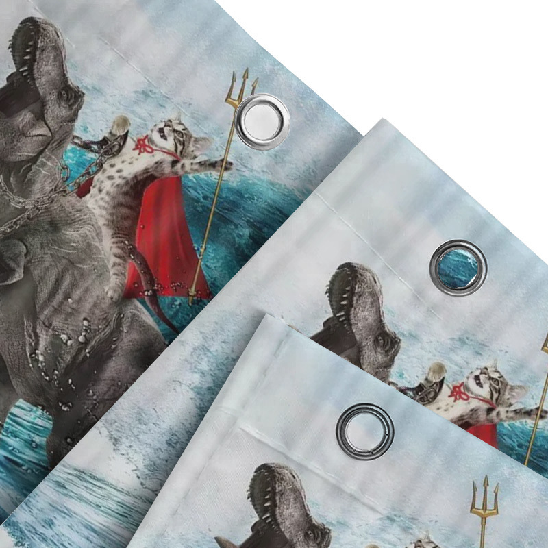 Divertida cortina de baño valiente gato sostiene tridente flecha montar tiburones en las olas ballenas gatos cortina de baño conjunto baño