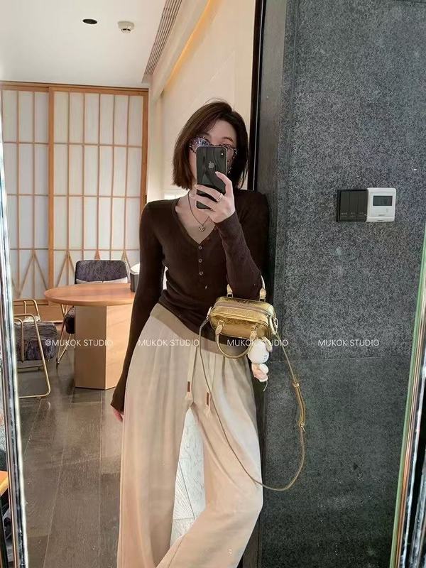 V领假两件长袖针织衫女2025秋冬新款辣妹修身显瘦打底衫内搭上衣|undefined