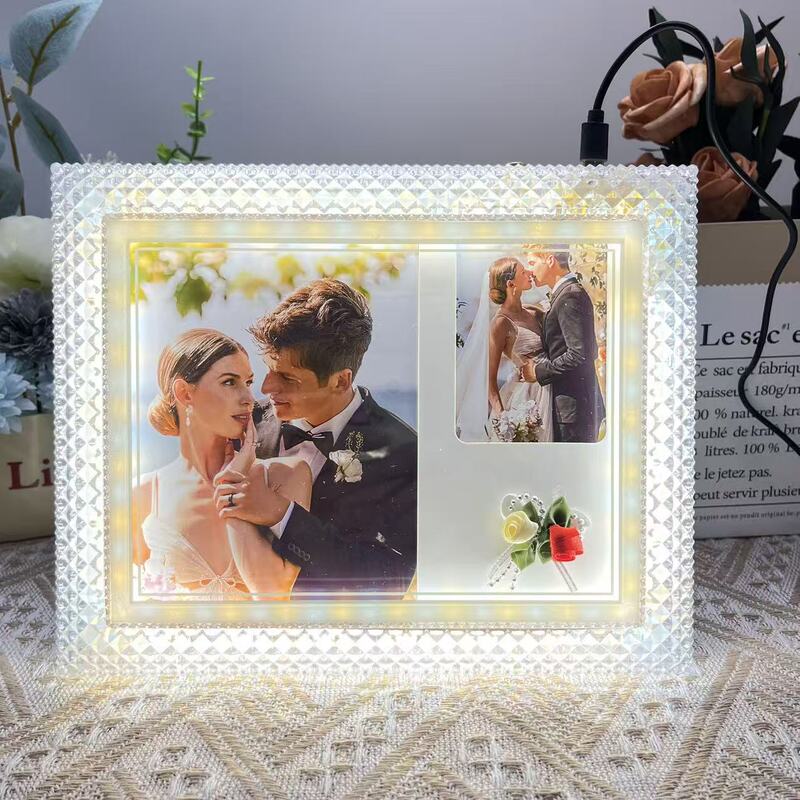 Led Crystal Glass Photo Frame with USB Interface, Three-Color Touch Light-Up Photo Frame, Popular Wedding Photo Frame for Wedding Photography Studios