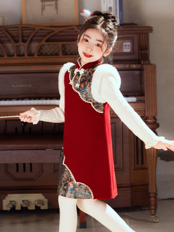 女の子のチャイナドレス冬のお祝い赤い中国風スーツ新しい中国風のボタンベスト唐スーツ新年服|undefined