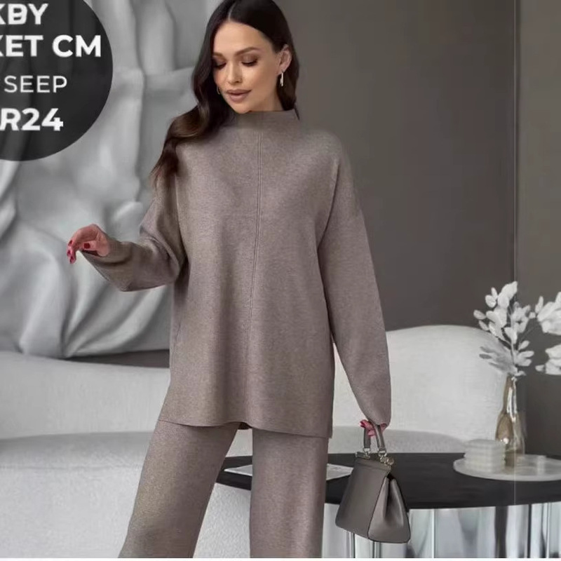 Russian Cross-Border European and American Style Solid Color Knit Set for Women: Slit Sweater Top + Casual Loose Wide-Leg Pants Russian Cross-Border European and American Style Solid Color Knit Set for Women: Slit Sweater Top + Casual Loose Wide-Leg Pants