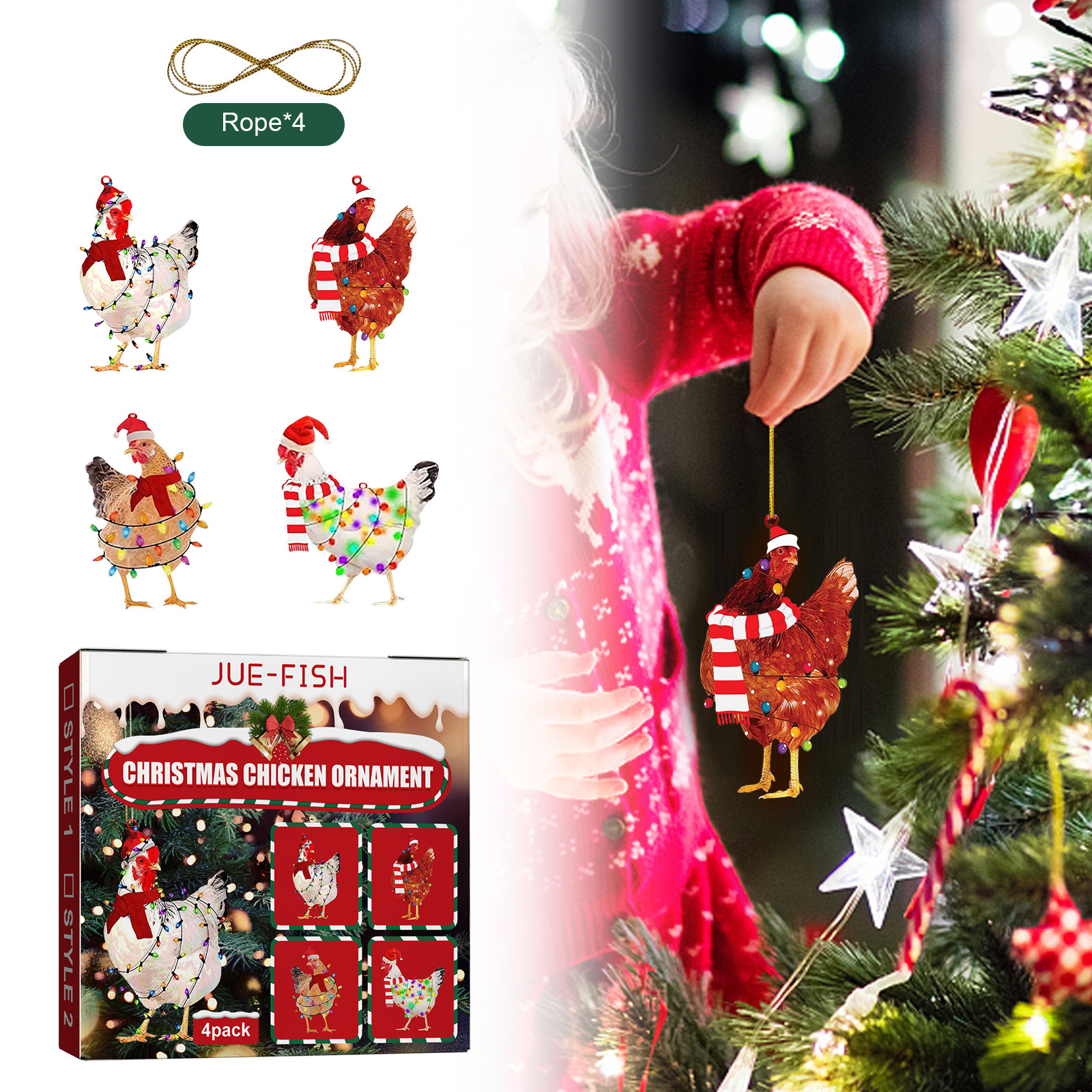 Jue Fish圣诞节围巾鸡挂件套装圣诞树氛围家居节日派对装饰鸡挂件