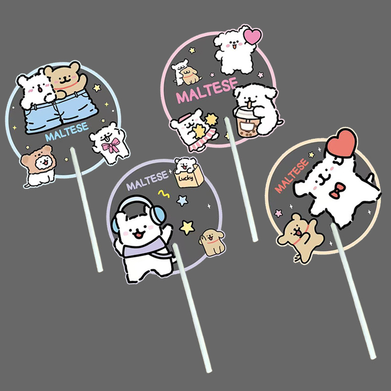 Long handle PP round fan [Happy Bear-Various Mixed Hair]