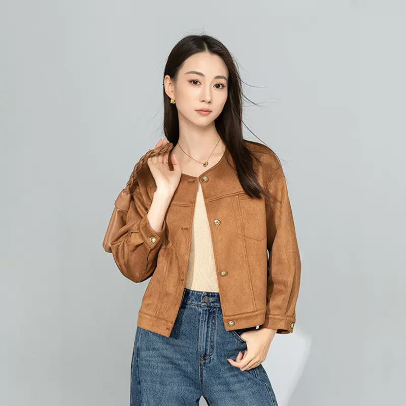 鑫阁美拉德麂皮绒短款外套2025春季女装新款气质小众圆领机车夹克