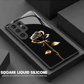 暗黑金色玫瑰适用三星A55.5G玻璃壳GalaxyS25plus高透S24保护套23