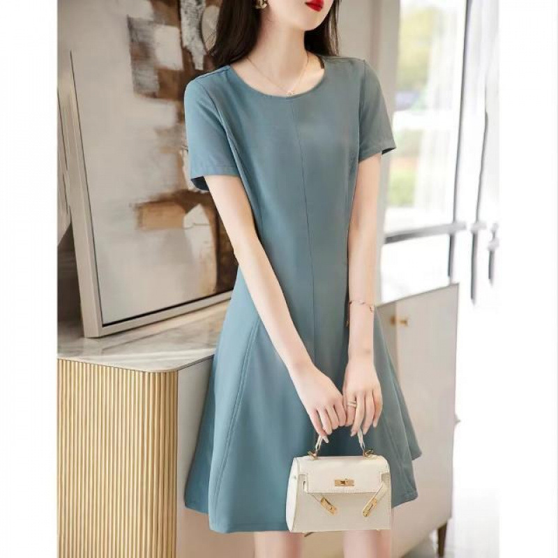 Split Line Design 2025 Summer New Round Neck Short-Sleeved Waist Dress for Women Summer