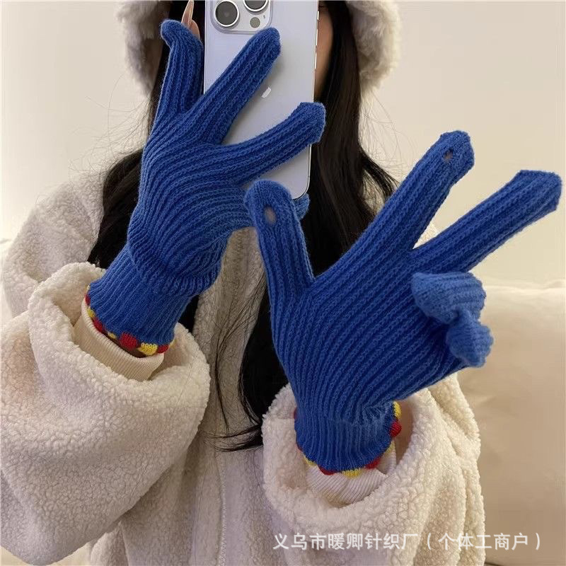 新款加绒加厚保暖雪人刺绣可触屏手套中大童女士冬季针织防寒手套|undefined