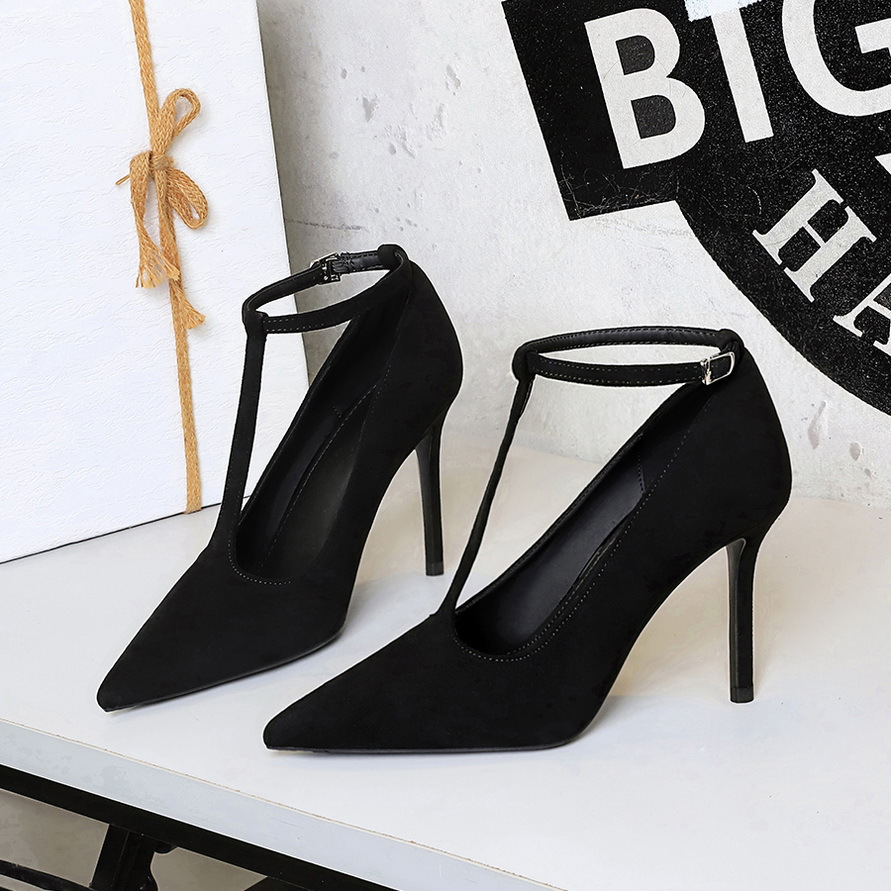 3639 French Style High-End Pointed Toe Stiletto Heels Shallow Mouth Suede T-Strap Ultra High Heel Single Shoes For Women_vogvips.com