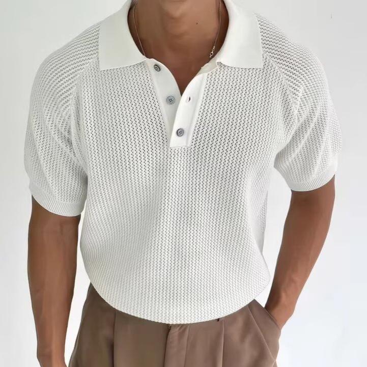 Solid Color Hollow-Out Knit Short-Sleeve Men's Summer Polo Shirt, Stylish and High-End, Everyday Korean-Style Casual Knitwear, Trendy